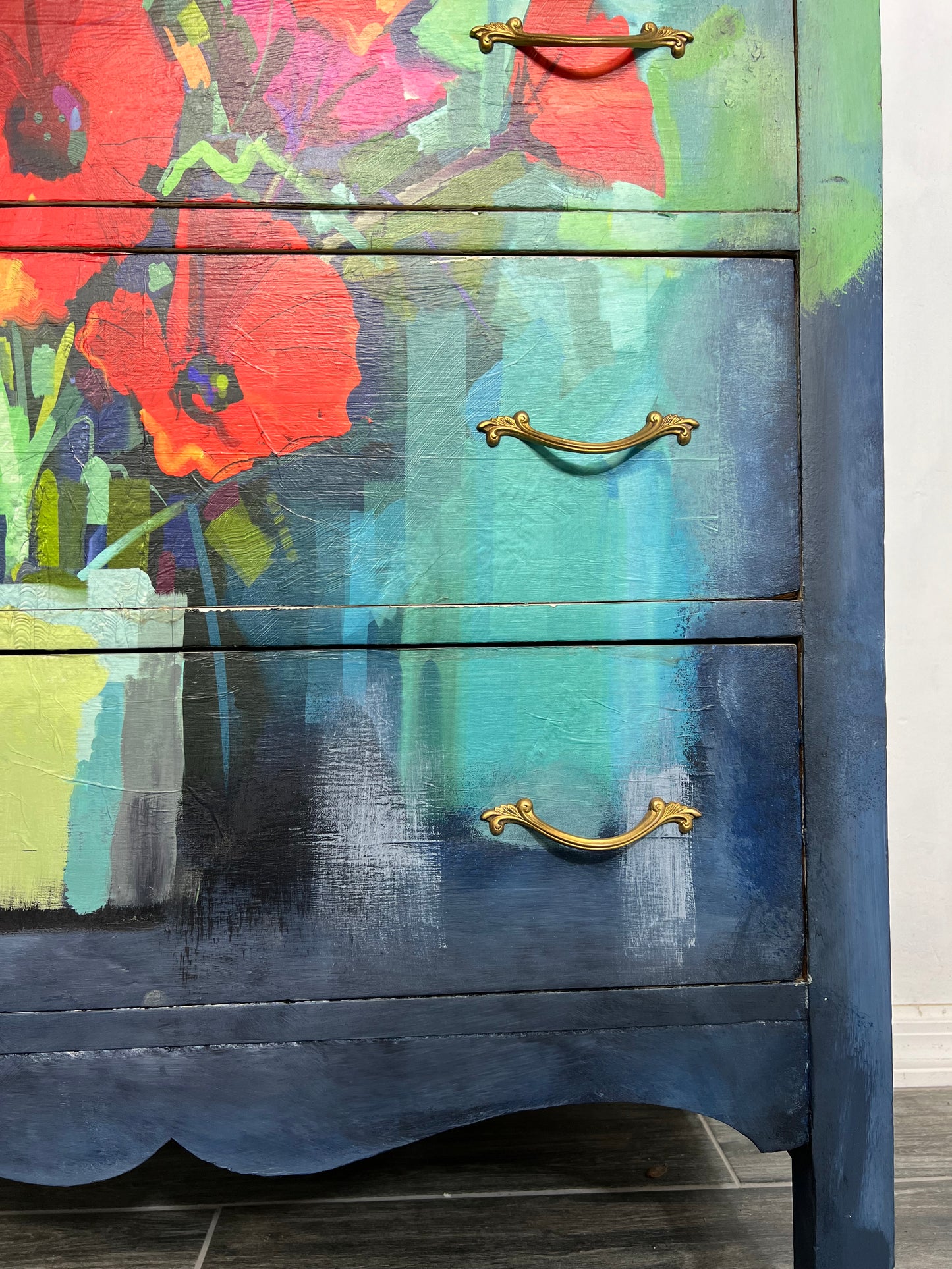 Handpainted vintage tall solid wood dresser