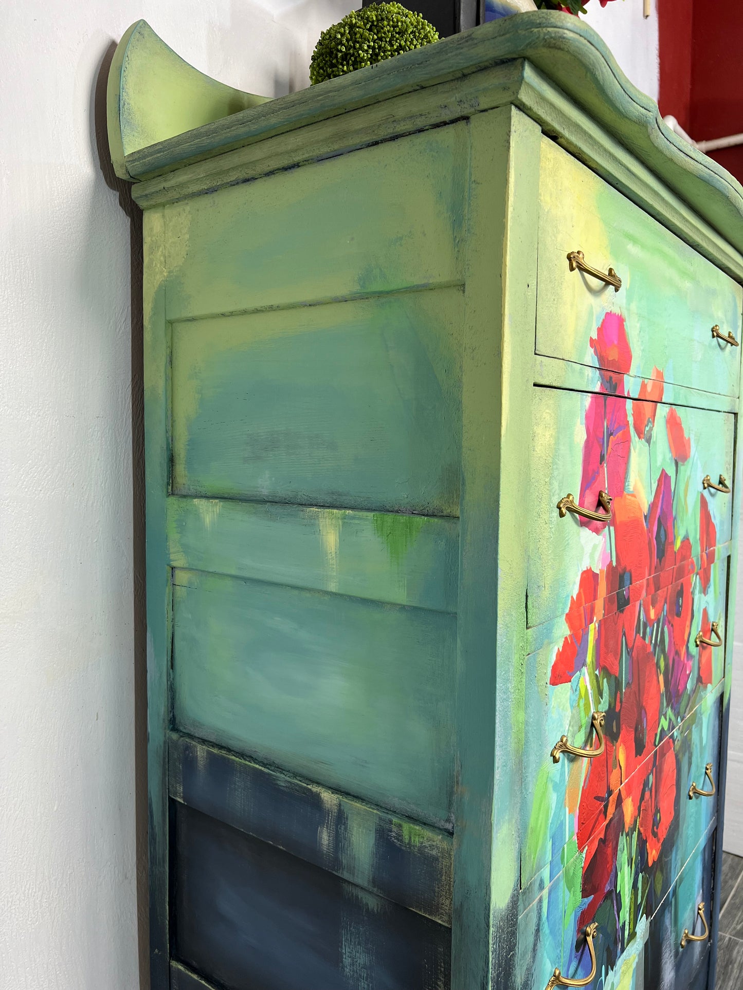 Handpainted vintage tall solid wood dresser