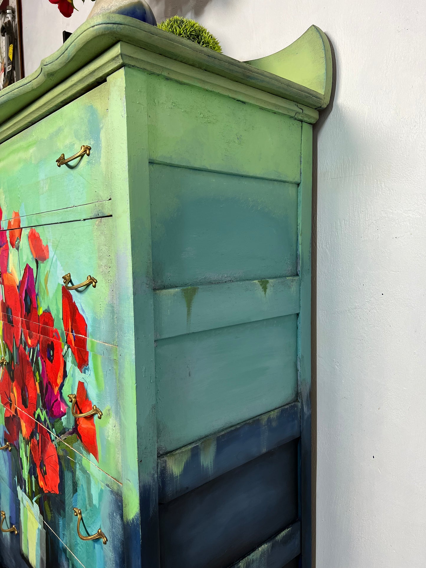 Handpainted vintage tall solid wood dresser