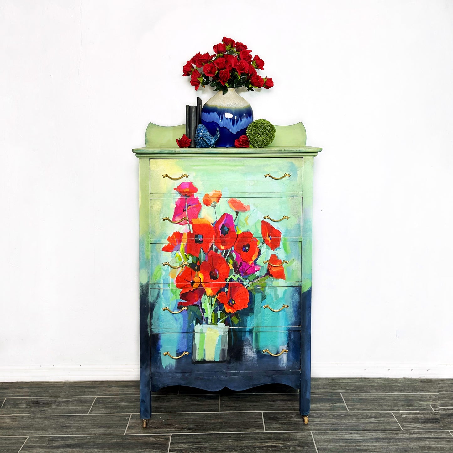 Handpainted vintage tall solid wood dresser