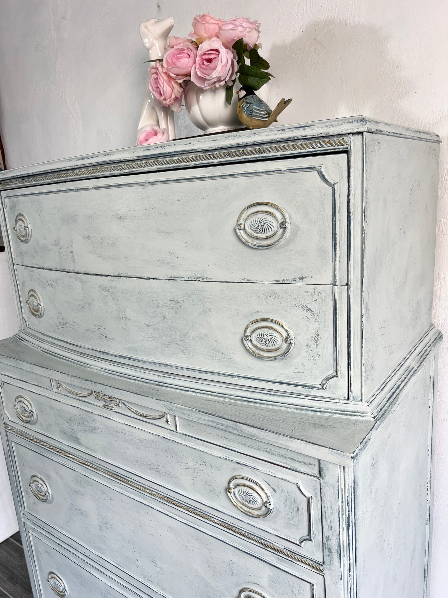Vintage Hand Painted French White Dresser Tallboy Chest