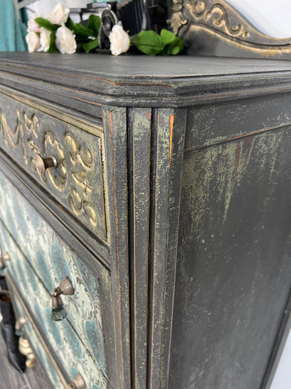 Vintage Hand painted Black Tallboy Dresser Chest