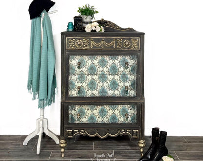 Vintage Hand painted Black Tallboy Dresser Chest
